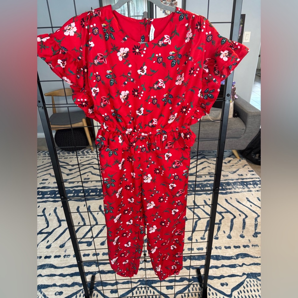 Janie & Jack Girls Floral Red Ruffle Sleeve Jumpsuit EUC